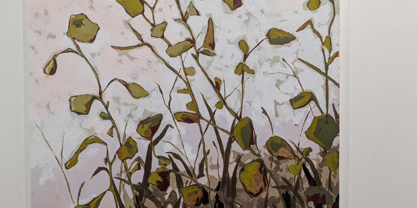 Abstract botanical painting featuring slender stems and green leaves rising from dark grasses against a soft white background, displayed on a gallery wall.