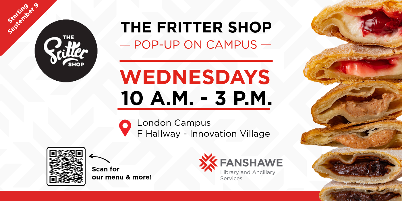 Advertisement for The Fritter Shop on campus Wednesdays