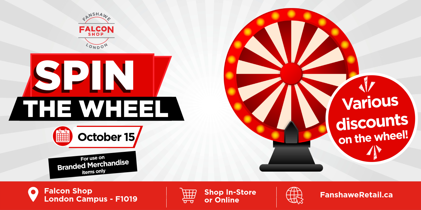 Red and white wheel for discounts at the Falcon Shop