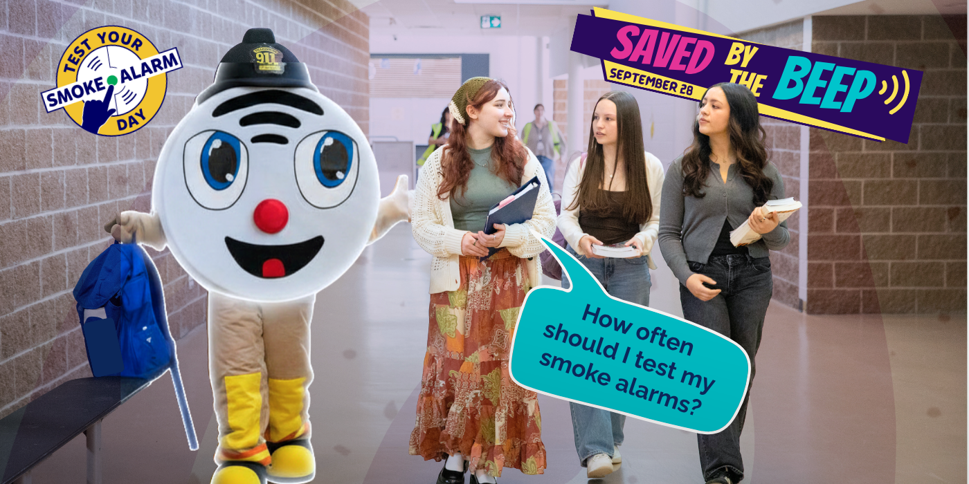 image of students with Beepa mascot to promote saved by the beep event