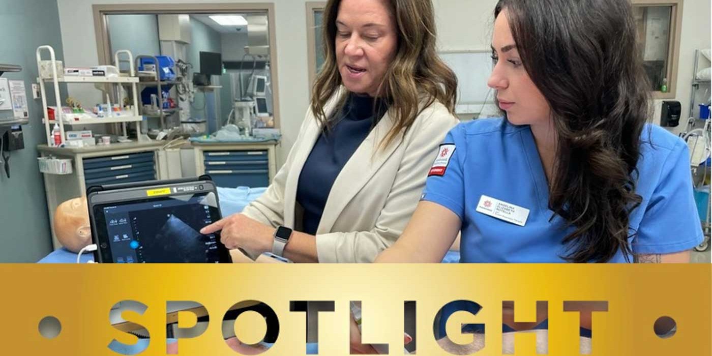 Respiratory therapy student performs a lung ultrasound on a patient in a clinical lab while an instructor reviews the ultrasound image displayed on a tablet.