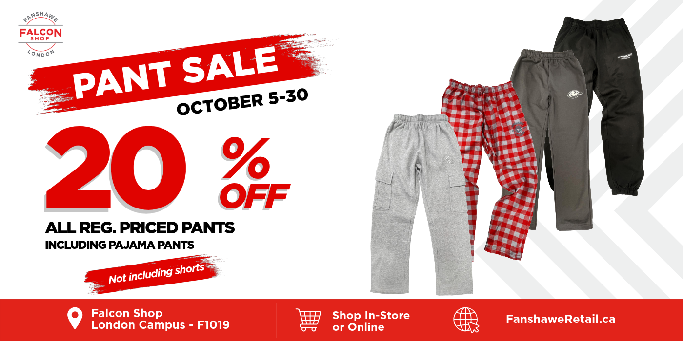 Advertisement for 20% off pants at The Falcon Shop
