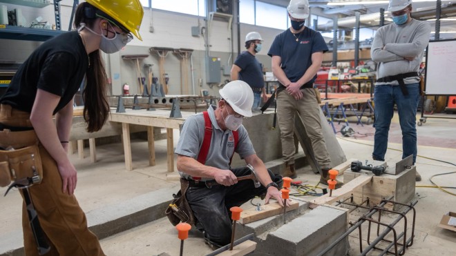 Construction Engineering students working in concrete design lab