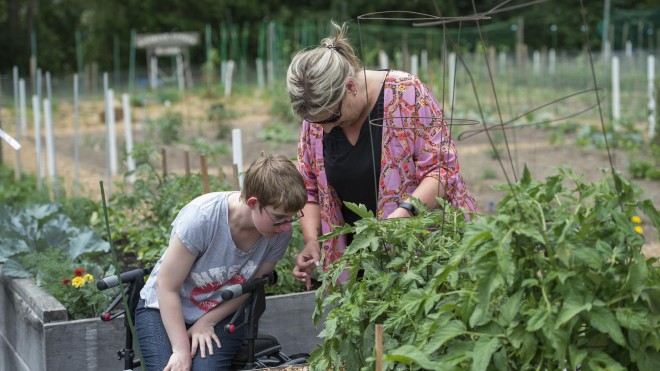 Two people working in garden, with one assisting the other