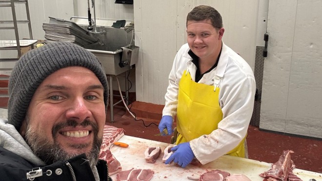 Troy Spicer and one of the Canadian junior butcher competitors, Dylan Miedema