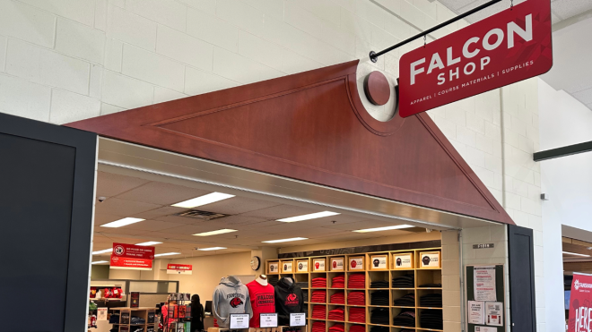 New shop sign hangs outside the newly rename Falcon Shop