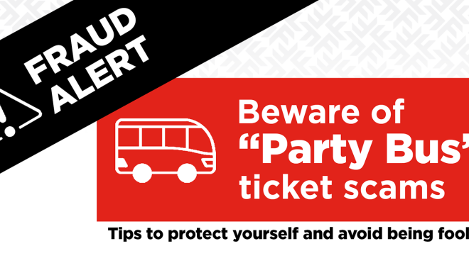 Black banner with white alert icon, and red rectangle with white words "Beware of Party Bus ticket scams"