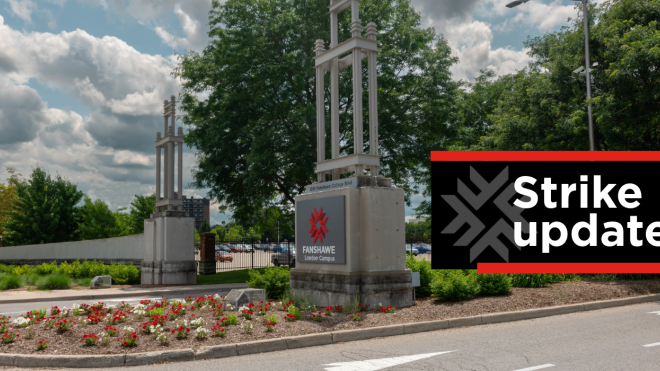 Main gates of London Campus and text "Strike Update"