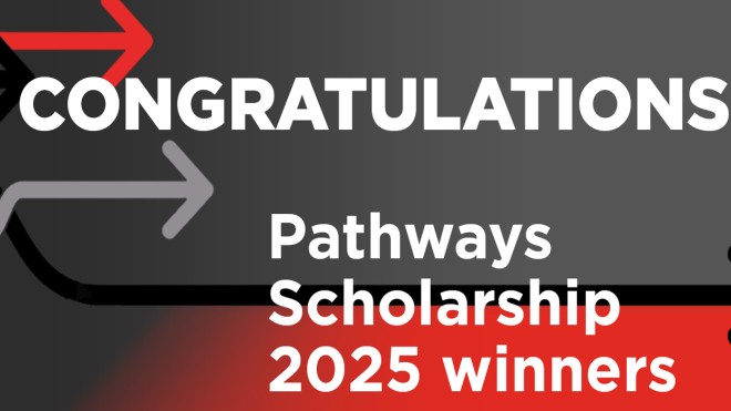 Red and grey banner with white text, Congratulations Pathways Scholarship Winners