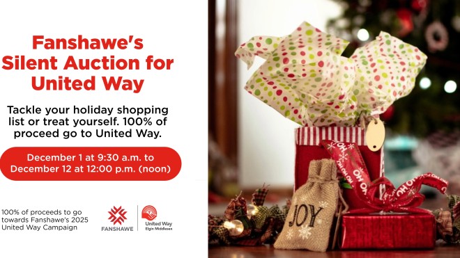 A holiday-themed promotional graphic for Fanshawe’s Silent Auction for United Way. The left side features text inviting people to “tackle your holiday shopping list or treat yourself,” noting that 100% of proceeds support United Way. Event dates run from December 1 at 9:30 a.m. to December 12 at noon. The bottom includes Fanshawe and United Way logos. The right side shows a festive scene with wrapped gifts, a small burlap bag labeled “JOY,” red ribbon, and soft holiday lights in the background.