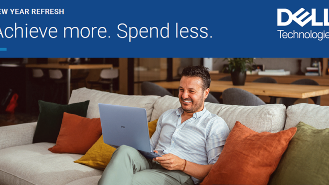 Graphic with the words Achieve More, Spend Less and the Dell logo