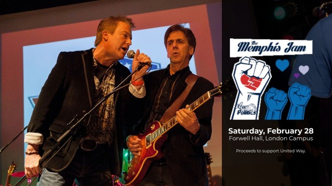 Members of the Memphis Jam band sing and play instruments on stage.