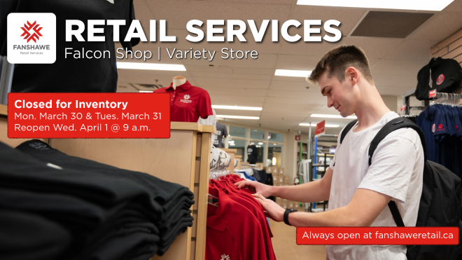 Image of someone shopping Falcon Shop with text overlay with inventory closure information.