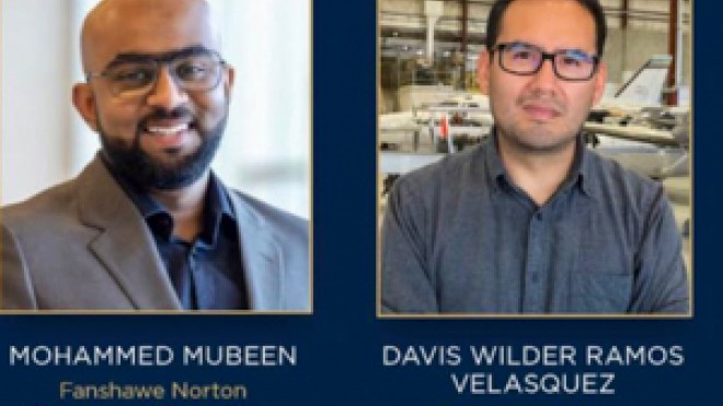 A pair of portraits depicting two men with glasses smiling.