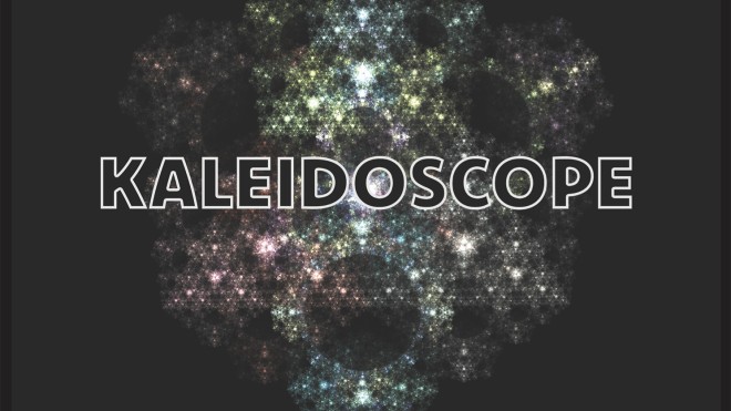 The word Kaleidoscope in black all caps text outlined in white in front of a colourful background