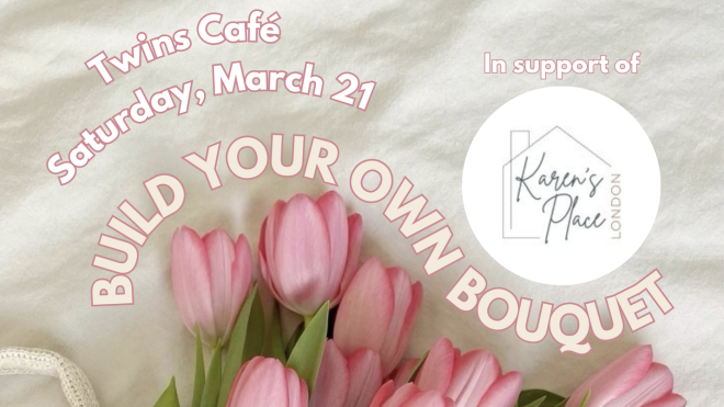 A boquet of pink roses with the Karen's Place London logo.