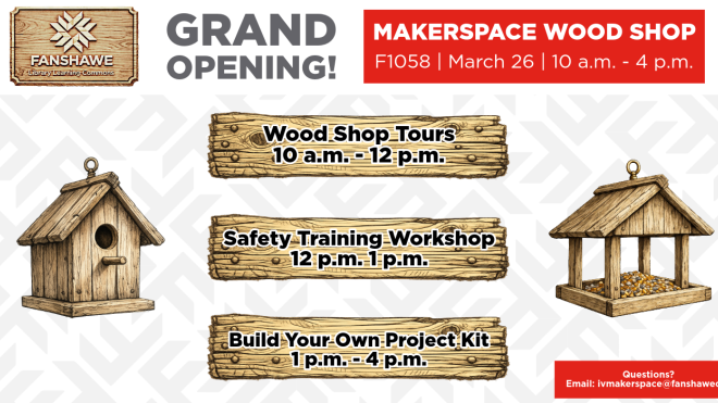 Poster with information about the Makerspace woodshop grand opening.