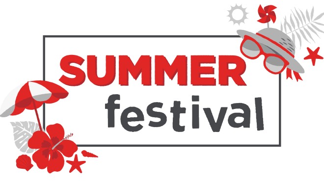 Summer Festival wordmark with illustrated summer icons like a sun hat and beach umbrella.