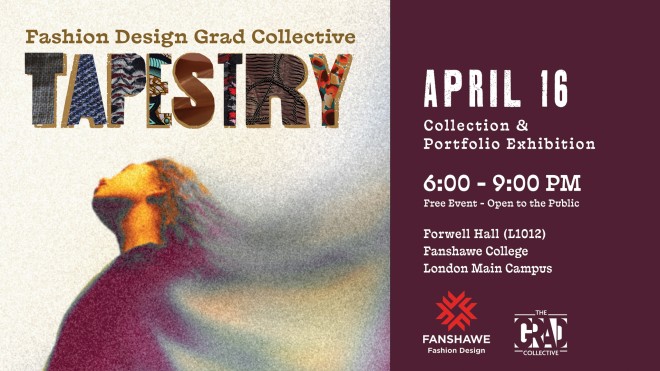 A fashion‑event poster with an abstract figure looking upward and event details for the Fashion Design Grad Collective TAPESTRY exhibition.