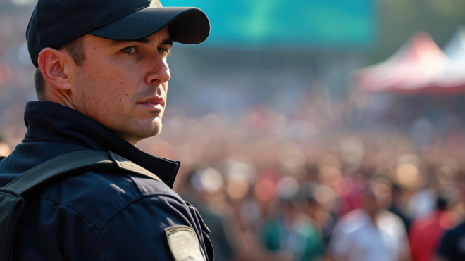 Uniformed Security guard calmly looks over a crowd.