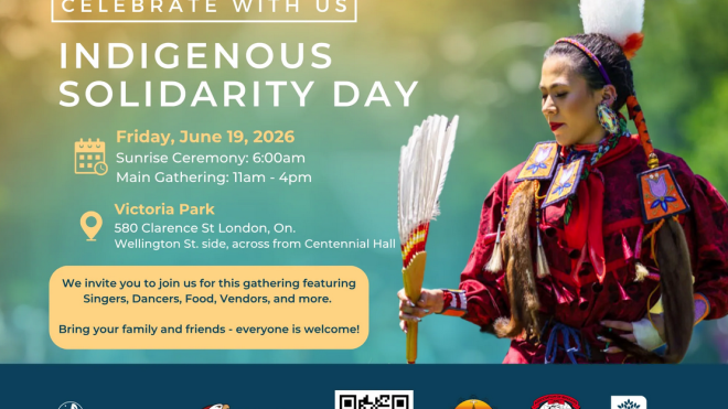 Promotional flyer for Indigenous Solidarity Day featuring a woman in traditional dress holding a large white feathers