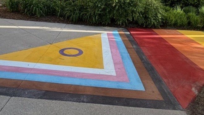 Image of Progress Pride flag painted on the sidewalk at the London Campus.