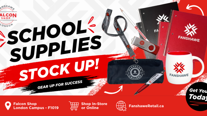 Promotional advertisement for Fanshawe branded school supplies sold at the Falcon Shop.