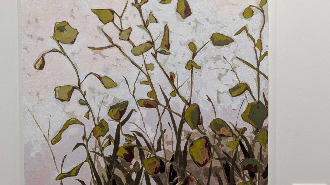 Abstract botanical painting featuring slender stems and green leaves rising from dark grasses against a soft white background, displayed on a gallery wall.