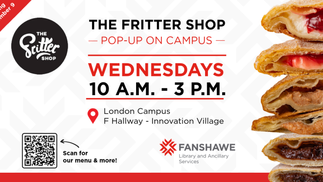 Advertisement for The Fritter Shop on campus Wednesdays