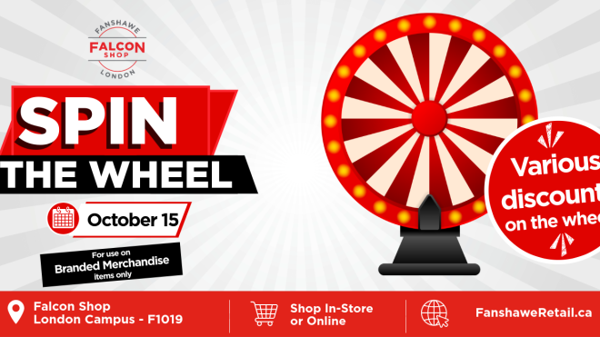 Red and white wheel for discounts at the Falcon Shop