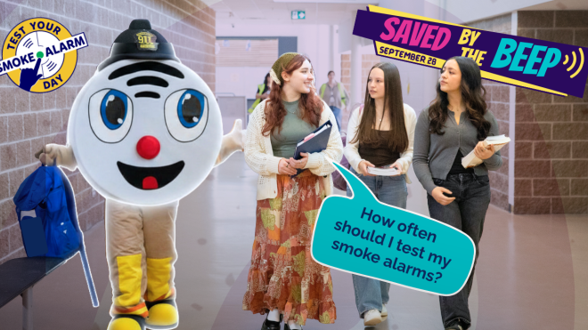 image of students with Beepa mascot to promote saved by the beep event