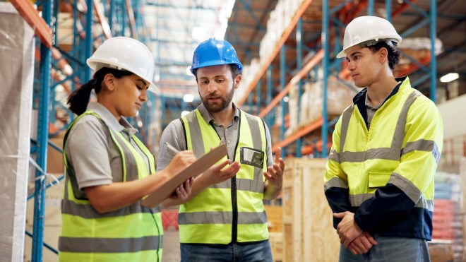 Three warehouse workers in high-visibility vests and safety helmets stand in a storage aisle, with one person writing on a clipboard while another gestures and speaks.