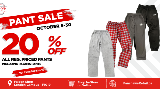 Advertisement for 20% off pants at The Falcon Shop