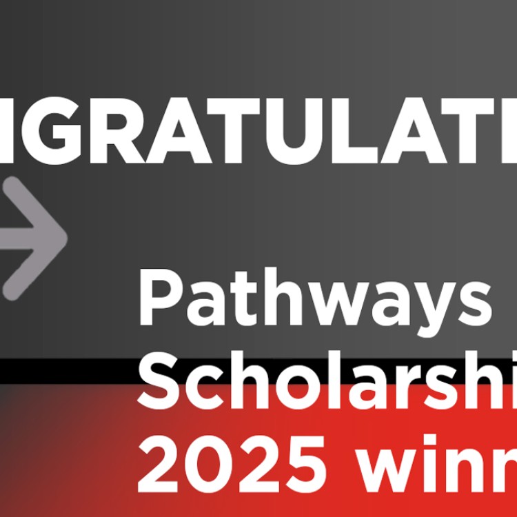 Red and grey banner with white text, Congratulations Pathways Scholarship Winners
