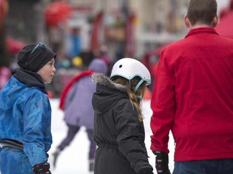 family skates together outdoors