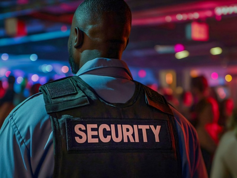 A man wearing a security uniform stands at the back of an entertainment venue scanning the space for any possible issues. 
