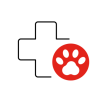 Icon of veterinary medicine, featuring a medical cross and a paw print in a red circle.