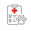 Icon of a veterinary medical record with a red cross, checkmarks, and a paw print.