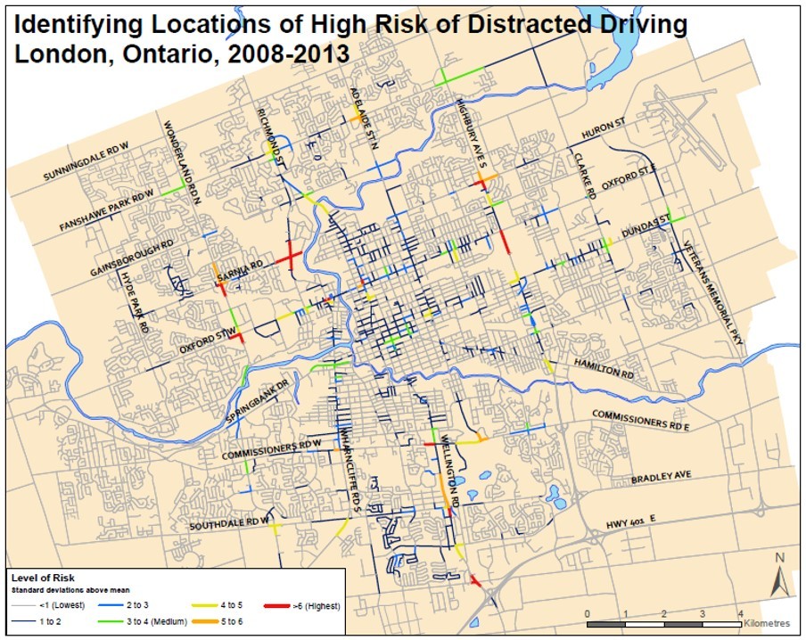 map identifying areas of high-risk distracted driving in London, Ontario from 2008-2013