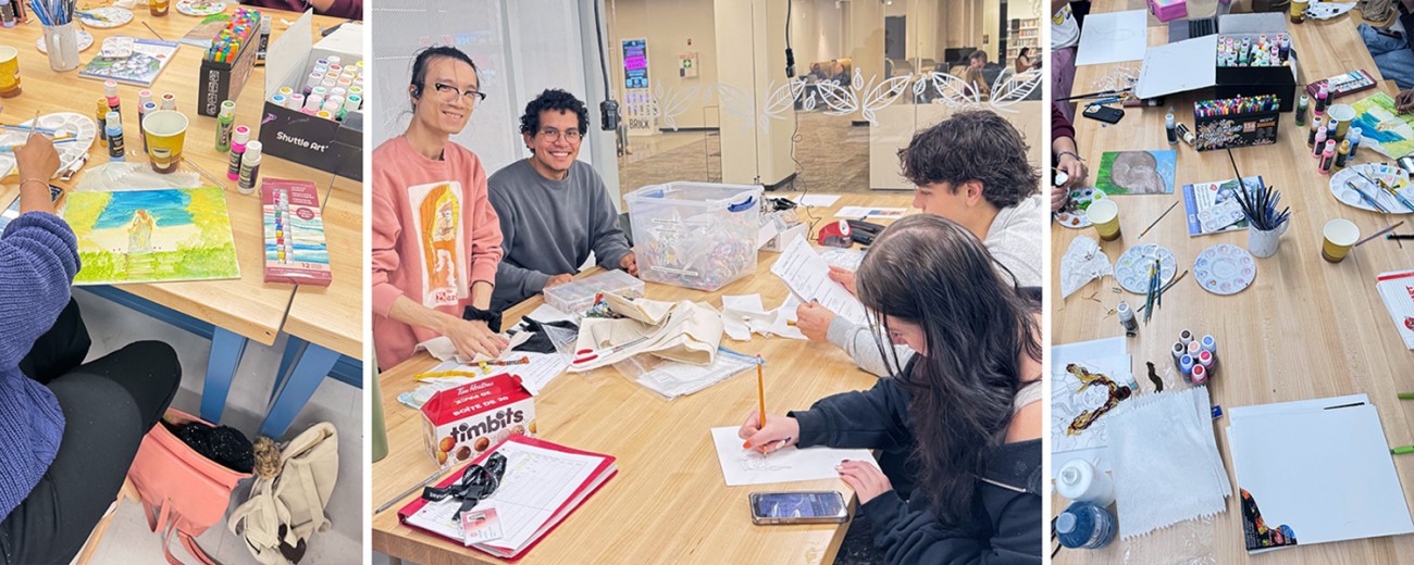 Collage of three images of students using craft supplies to create projects