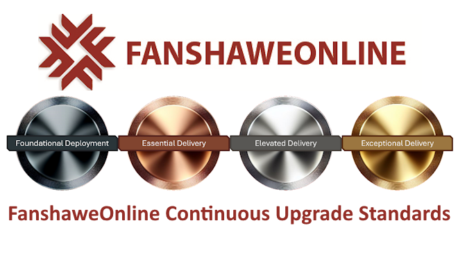 FanshaweOnline Continuous Upgrade Standards, a tiered qualtiy system with four levels depicted as medals: foundational deployment, and essential, elevated, and exceptional delivery. 