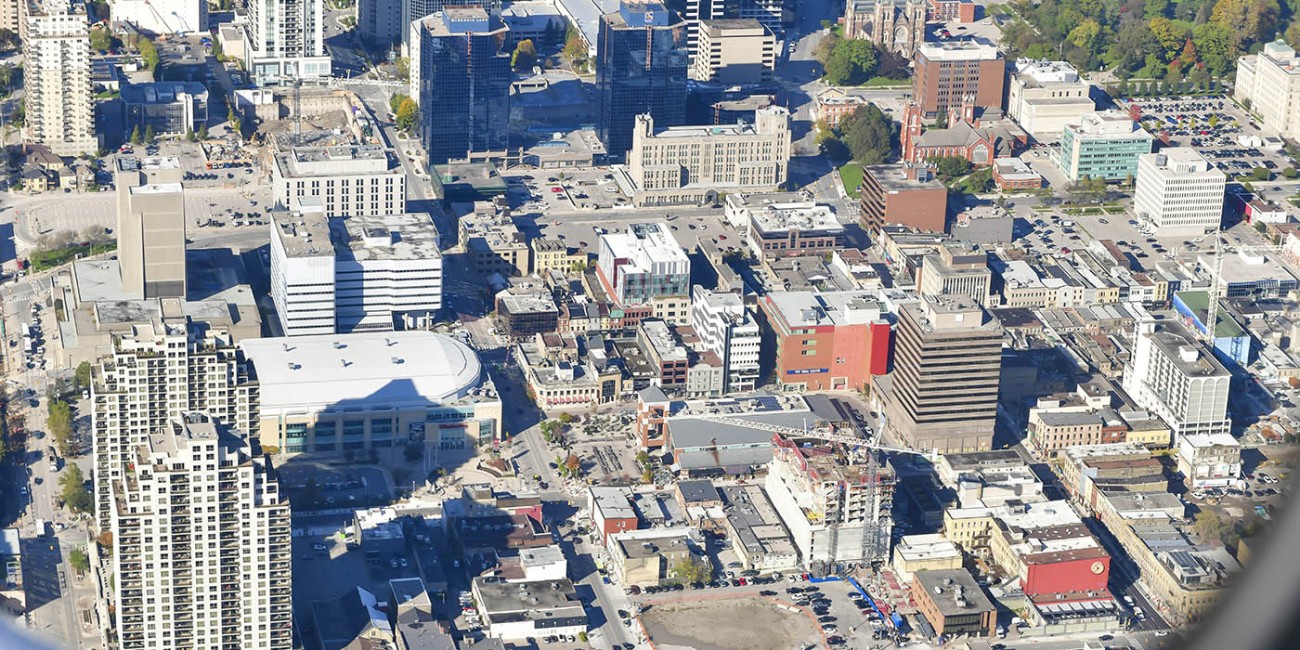 Aerial view of the London Downtown Campus at Fanshawe College, featuring surrounding buildings, including St. Peter's Cathedral Basilica, and Budweiser Gardens.