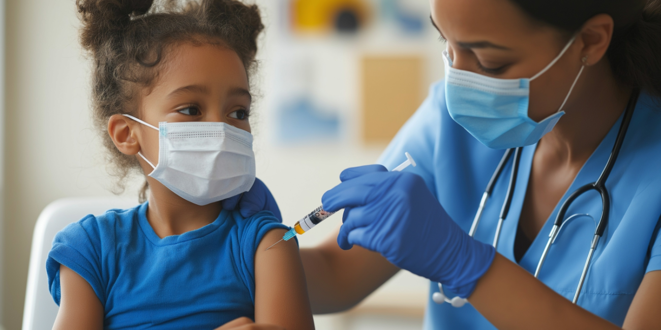 A young child with curly pom pigtails in a blue shirt receive a vaccination from an nurse wearing blue scrubs