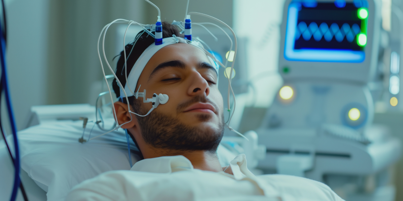 A man sleeps with wires and electrodes connected to his head and a monitor reading the signals in the background.