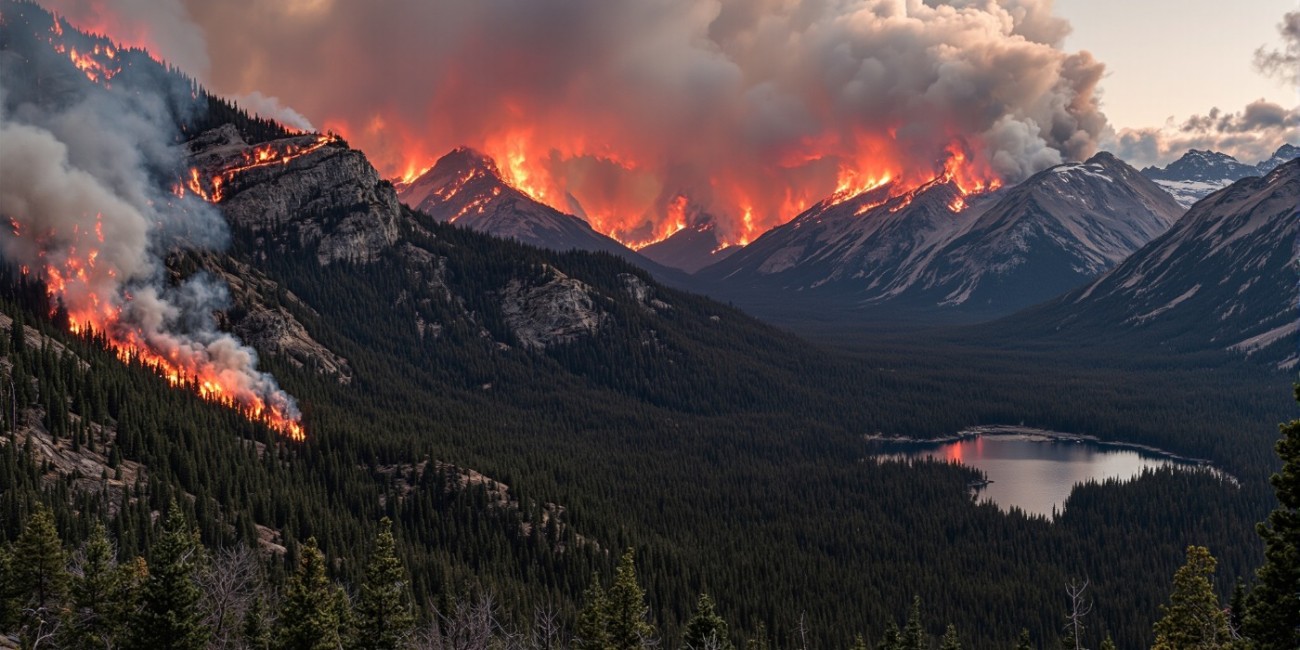 An image depicting the wild fires in the mountains and forests of western Canada. 