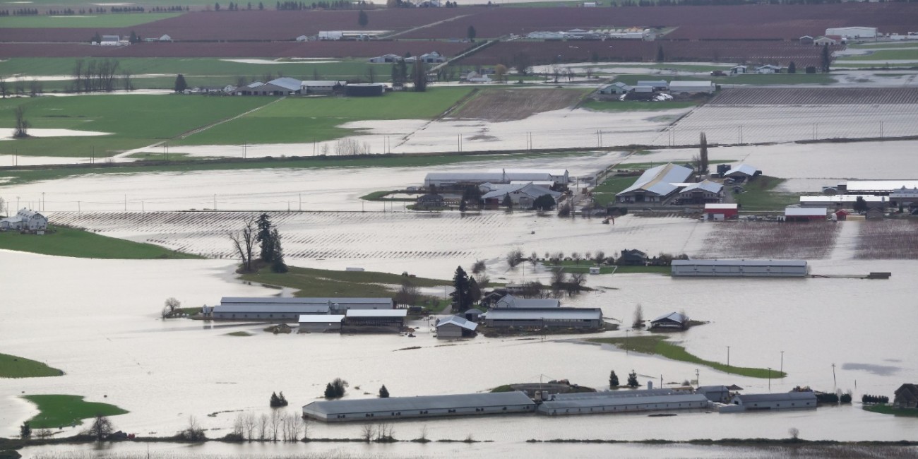 Flooded Canadian farmland with fields, barns and agricultural buildings partially submerged in water after severe flooding.
