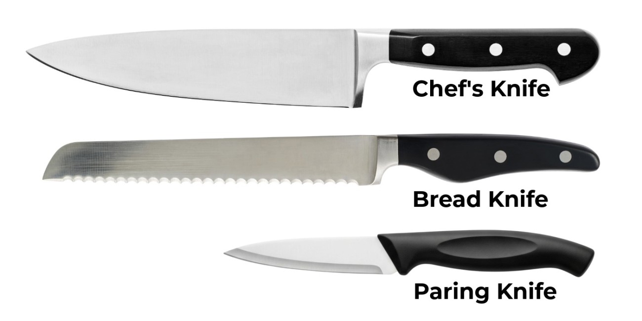 A chef's knife, bread knife and paring knife