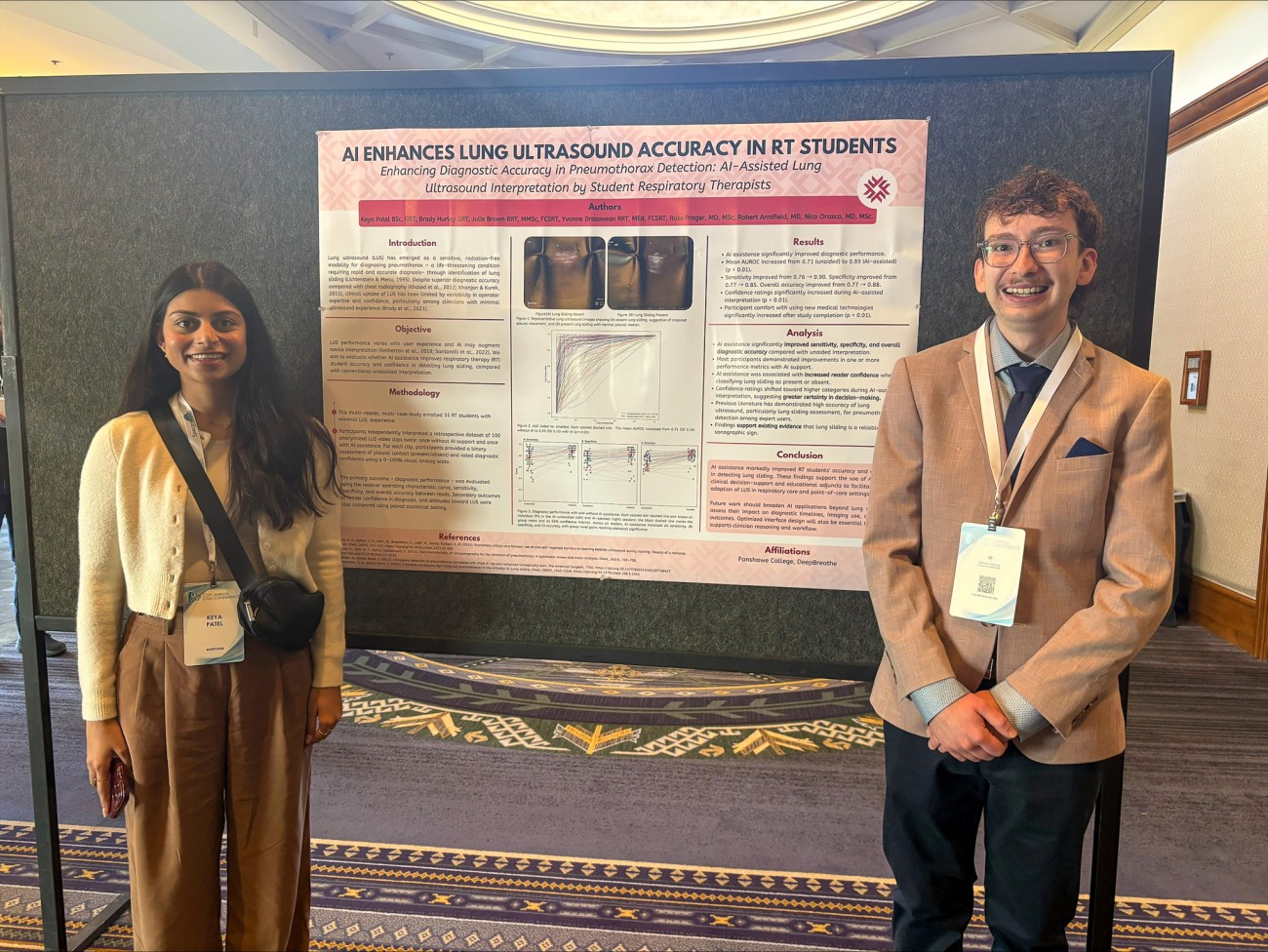 Two conference attendees stand on either side of a research poster titled “AI Enhances Lung Ultrasound Accuracy in RT Students”