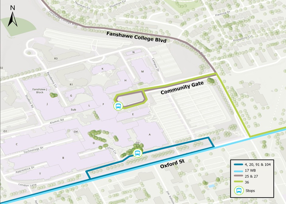 Map of London Transit bus route changes at Fanshawe terminal