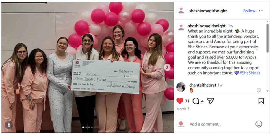 Screen clip of Instagram post from @sheshinesagirlsnight showing event organizers in their pajamas holding a cheque for $3,000.00 to Anova